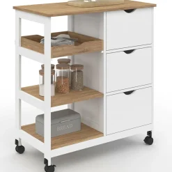 IDMarket Desserte de cuisine 3 paniers + 1 plateau amovibe blanc et effet hêtre L 76 cm* Meubles De Cuisine Avec Plan De Travail|Buffets De Cuisine