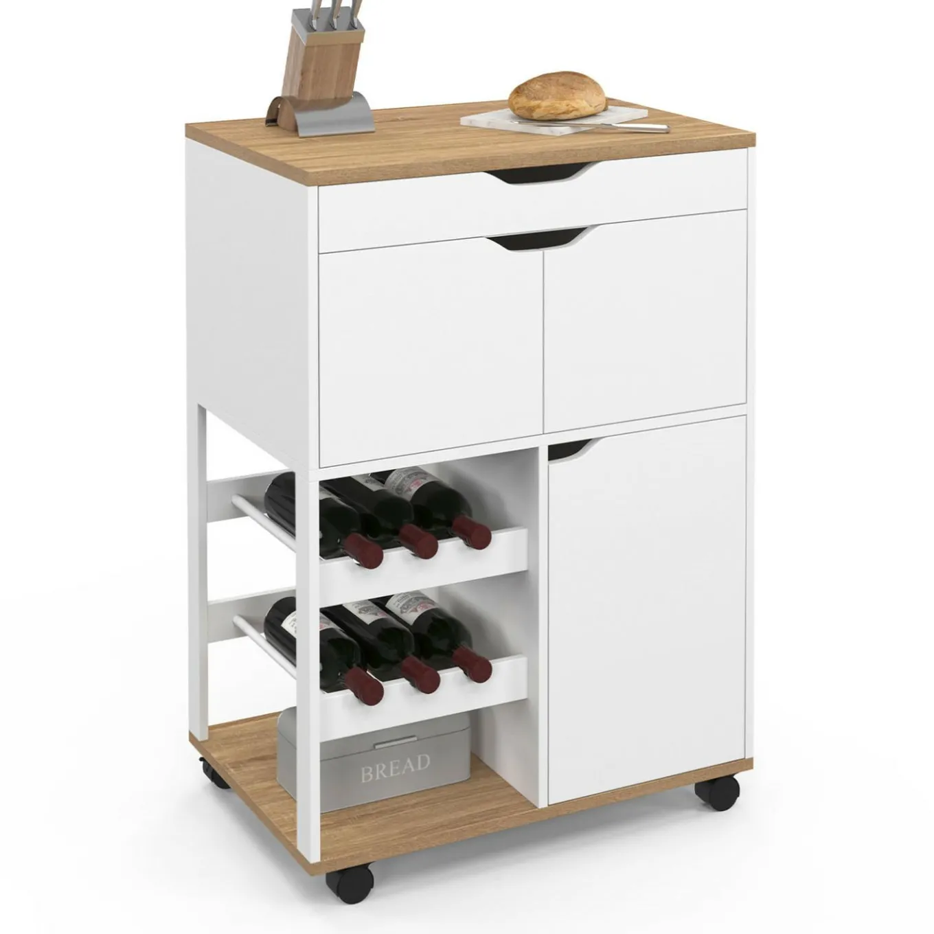 IDMarket Desserte de cuisine à roulettes avec rangements et range-bouteilles bois blanc* Petits Meubles|Meubles De Cuisine Avec Plan De Travail