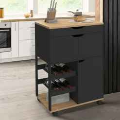 IDMarket Desserte de cuisine avec placards et range-bouteilles bois et noir* Petits Meubles|Meubles De Cuisine Avec Plan De Travail