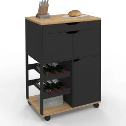 IDMarket Desserte de cuisine avec placards et range-bouteilles bois et noir* Petits Meubles|Meubles De Cuisine Avec Plan De Travail