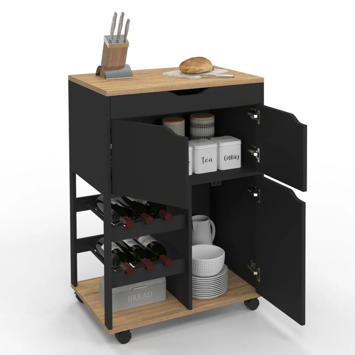 IDMarket Desserte de cuisine avec placards et range-bouteilles bois et noir* Petits Meubles|Meubles De Cuisine Avec Plan De Travail