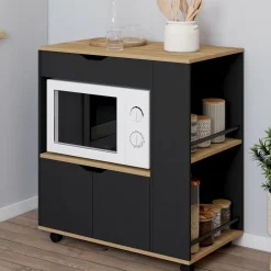 IDMarket Desserte micro-onde placard tiroir épices noir* Petits Meubles|Meubles De Cuisine Avec Plan De Travail