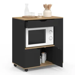 IDMarket Desserte micro-onde placard tiroir épices noir* Petits Meubles|Meubles De Cuisine Avec Plan De Travail