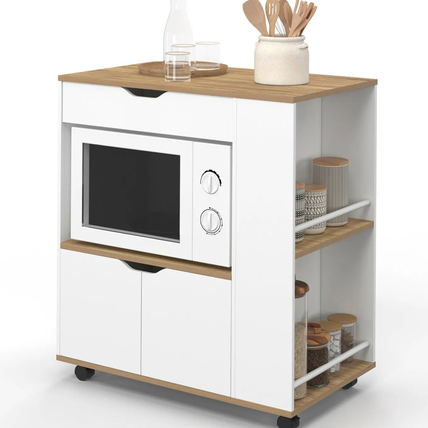 IDMarket Desserte micro-onde placard tiroir épices blanc* Petits Meubles|Meubles De Cuisine Avec Plan De Travail