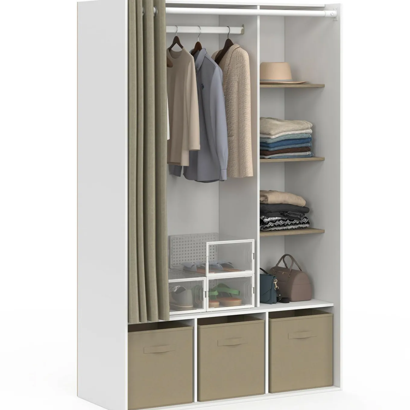 IDMarket Dressing blanc avec penderie rideau taupe + étagères + boites de rangement* Collection Design|Collection Contemporaine