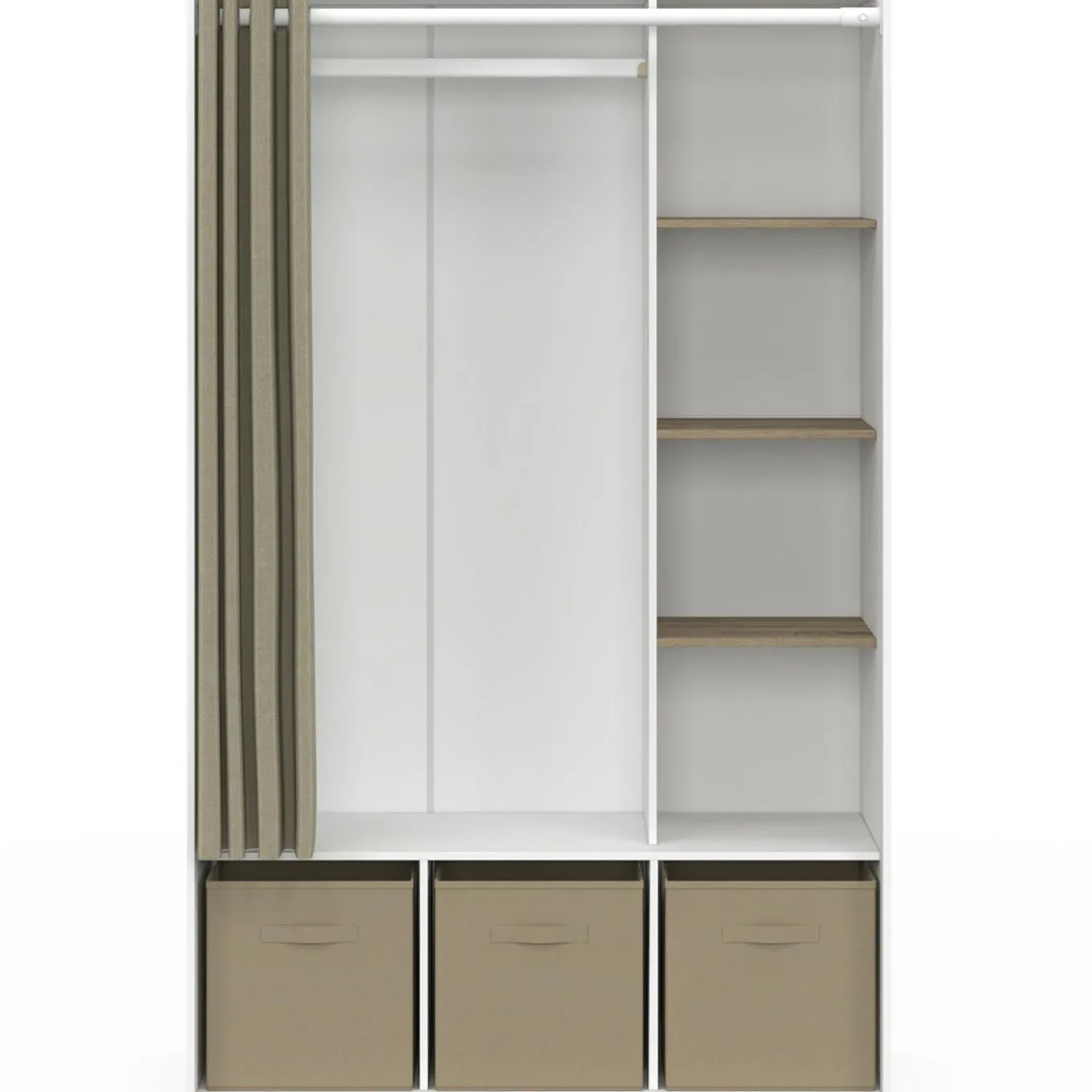 IDMarket Dressing blanc avec penderie rideau taupe + étagères + boites de rangement* Collection Design|Collection Contemporaine