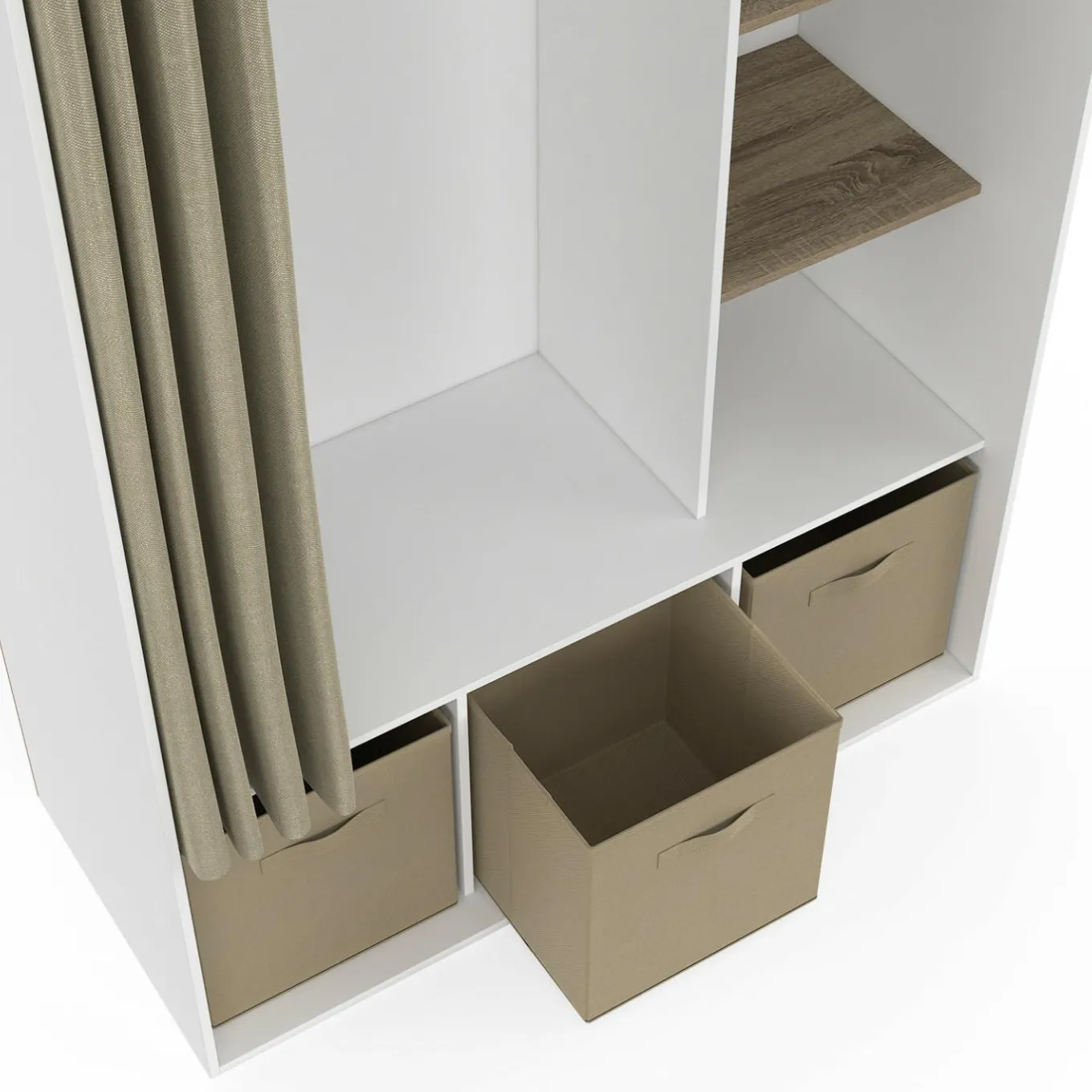 IDMarket Dressing blanc avec penderie rideau taupe + étagères + boites de rangement* Collection Design|Collection Contemporaine