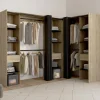 IDMarket Dressing d'angle extensible bois effet hêtre avec 4 penderies + 12 étagères + 3 tiroirs et rideaux noirs* Collection Design|Chambre Complète Adulte