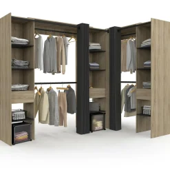IDMarket Dressing d'angle extensible bois effet hêtre avec 4 penderies + 12 étagères + 3 tiroirs et rideaux noirs* Collection Design|Chambre Complète Adulte