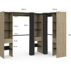 IDMarket Dressing d'angle extensible bois effet hêtre avec 4 penderies + 12 étagères + 3 tiroirs et rideaux noirs* Collection Design|Chambre Complète Adulte