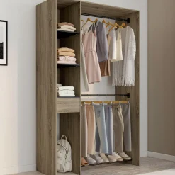 IDMarket Dressing double penderie L. 110 cm avec étagères + tiroir + rangements à chaussures hêtre et noir* Dressings Et Portants Vêtements|Chambre Complète Adulte