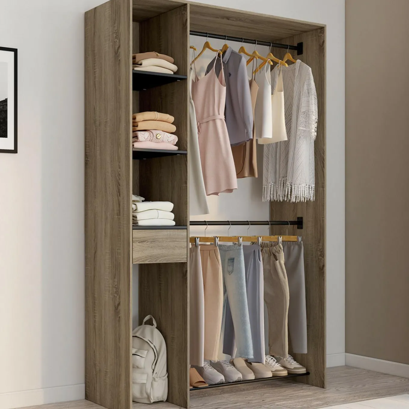 IDMarket Dressing double penderie L. 110 cm avec étagères + tiroir + rangements à chaussures hêtre et noir* Dressings Et Portants Vêtements|Chambre Complète Adulte
