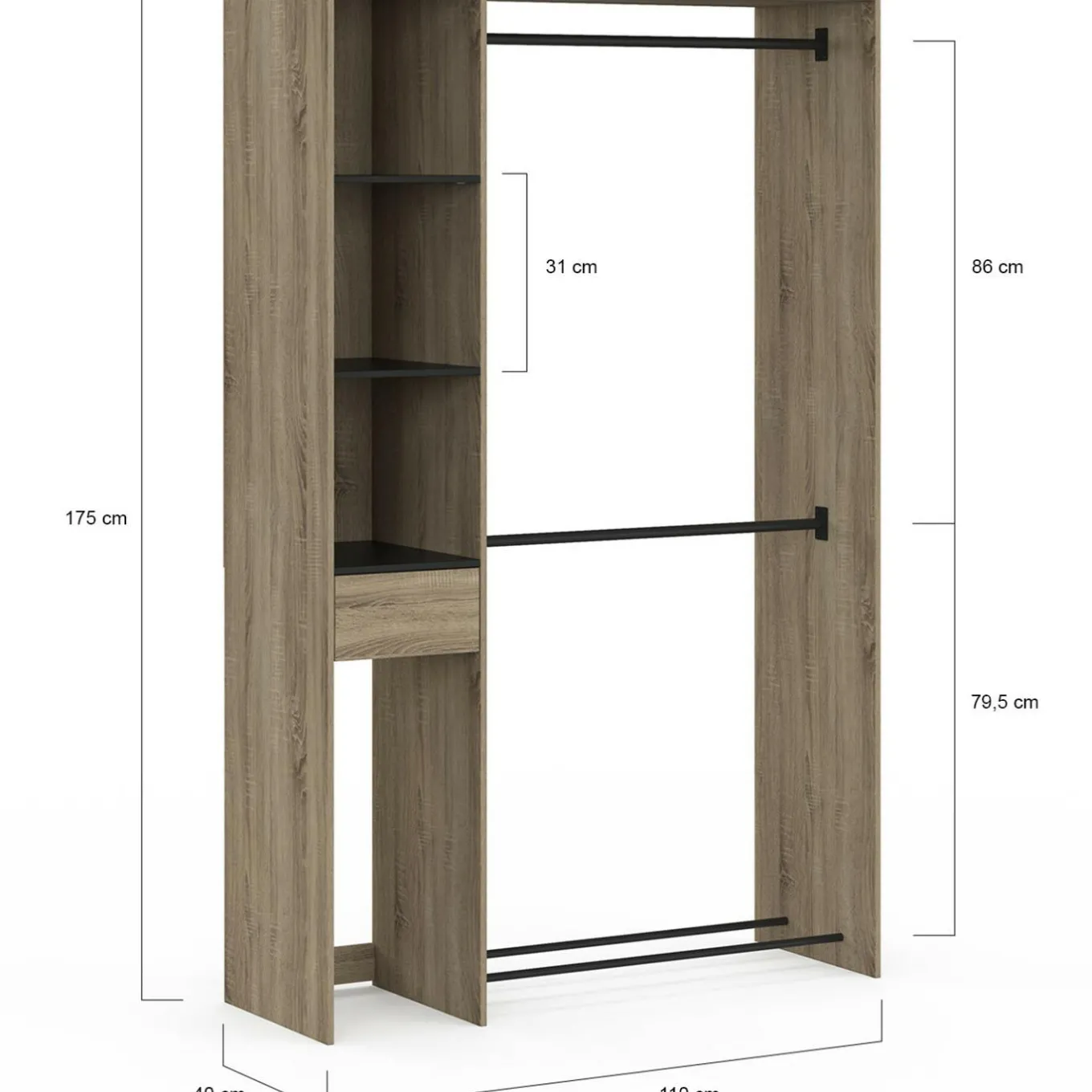 IDMarket Dressing double penderie L. 110 cm avec étagères + tiroir + rangements à chaussures hêtre et noir* Dressings Et Portants Vêtements|Chambre Complète Adulte