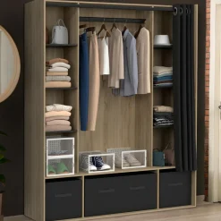 IDMarket Dressing double penderie coloris bois 8 étagères et rideaux noirs* Meubles Hauts|Meubles En Bois