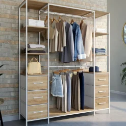 IDMarket Dressing double penderie + double colonne L. 140 cm avec 6 étagères et 6 bacs en tissu bois et blanc* Dressings Et Portants Vêtements