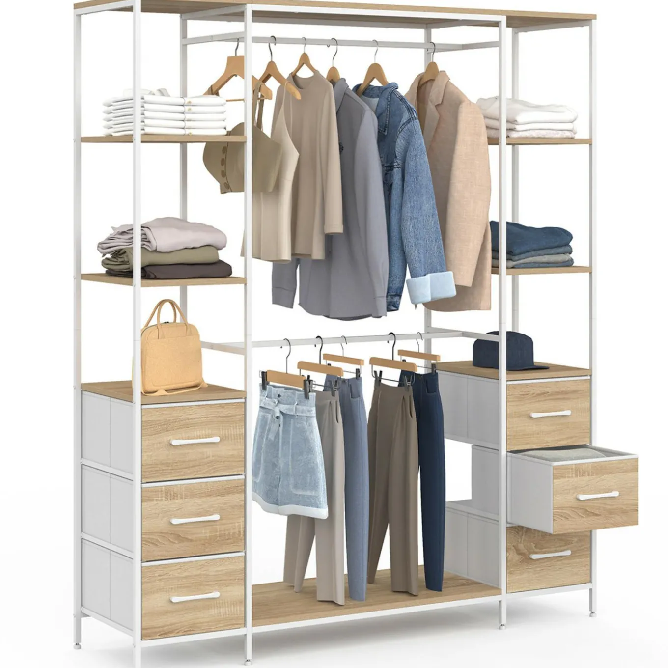 IDMarket Dressing double penderie + double colonne L. 140 cm avec 6 étagères et 6 bacs en tissu bois et blanc* Dressings Et Portants Vêtements