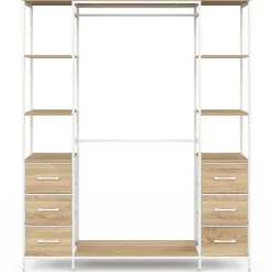 IDMarket Dressing double penderie + double colonne L. 140 cm avec 6 étagères et 6 bacs en tissu bois et blanc* Dressings Et Portants Vêtements