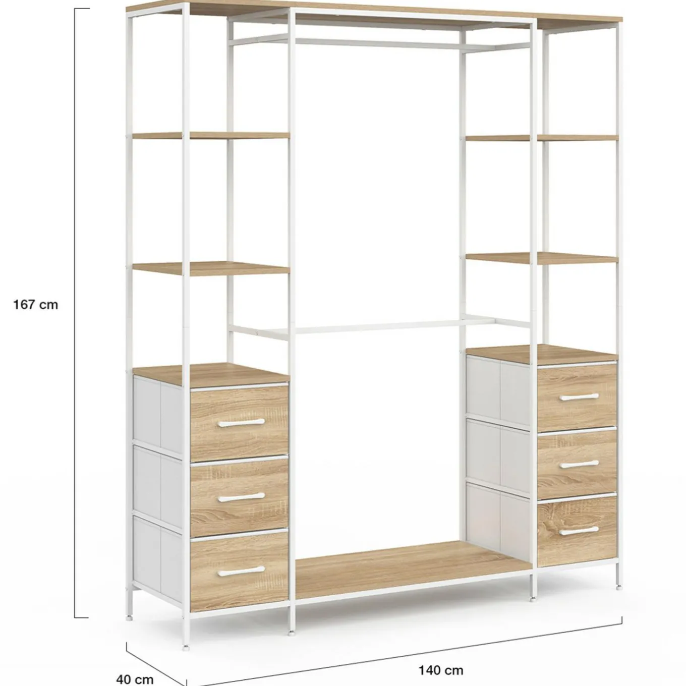 IDMarket Dressing double penderie + double colonne L. 140 cm avec 6 étagères et 6 bacs en tissu bois et blanc* Dressings Et Portants Vêtements