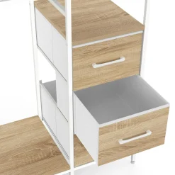 IDMarket Dressing double penderie + double colonne L. 140 cm avec 6 étagères et 6 bacs en tissu bois et blanc* Dressings Et Portants Vêtements