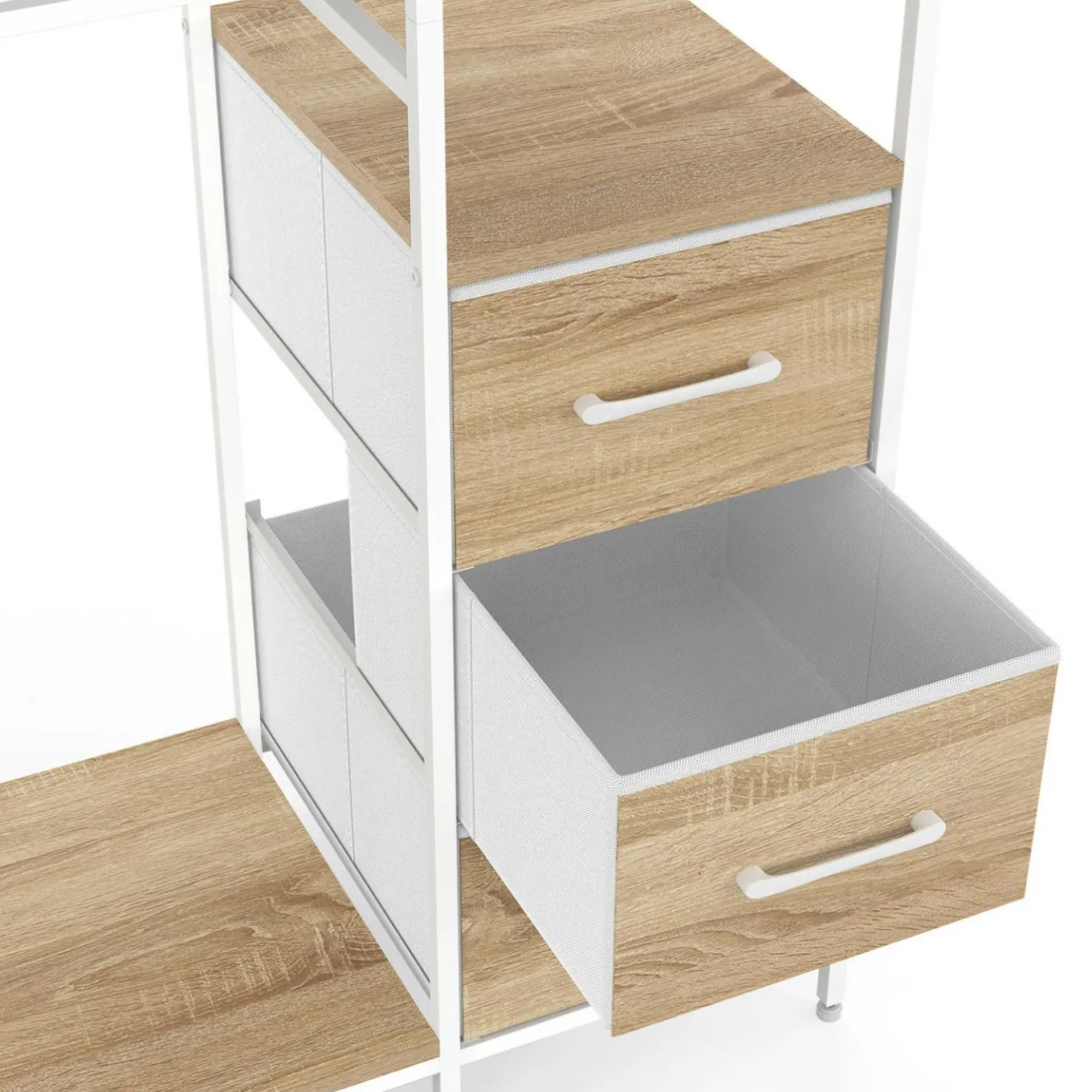 IDMarket Dressing double penderie + double colonne L. 140 cm avec 6 étagères et 6 bacs en tissu bois et blanc* Dressings Et Portants Vêtements