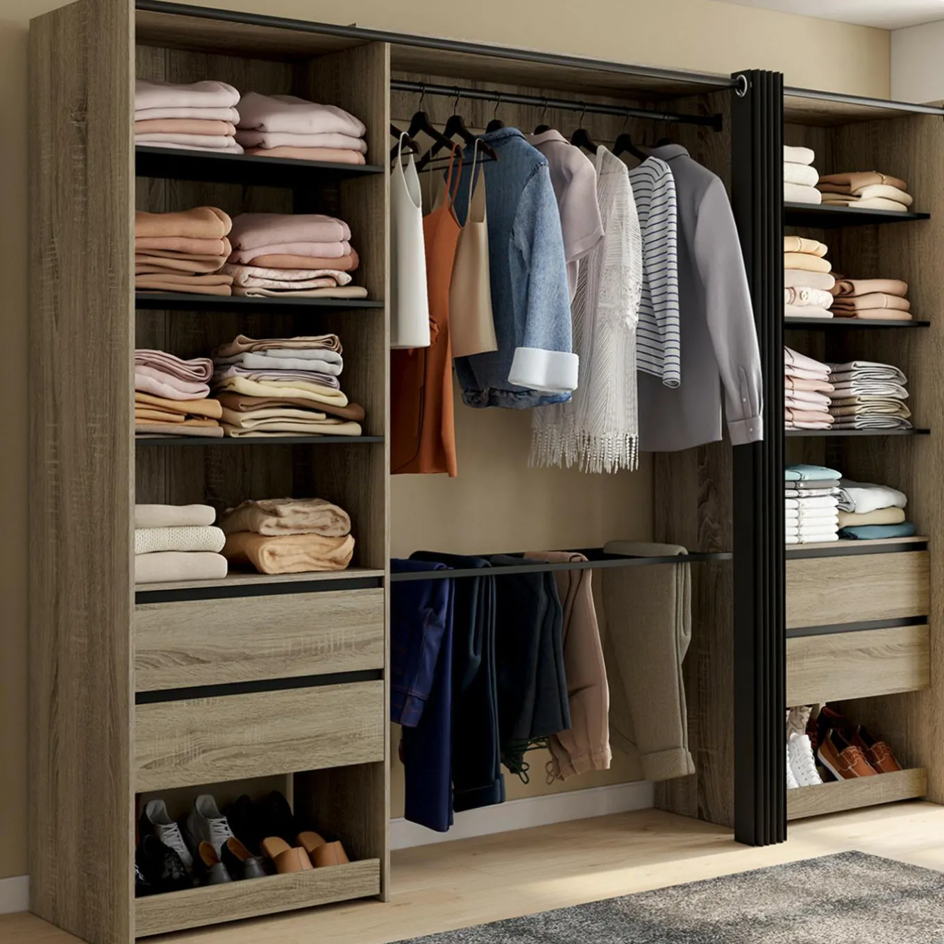 IDMarket Dressing double XXL 220 cm hêtre avec porte pantalons + étagères + tiroirs + rangements à chaussures et noir* Dressings Et Portants Vêtements|Chambre Complète Adulte