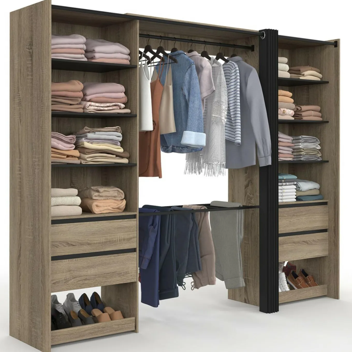 IDMarket Dressing double XXL 220 cm hêtre avec porte pantalons + étagères + tiroirs + rangements à chaussures et noir* Dressings Et Portants Vêtements|Chambre Complète Adulte