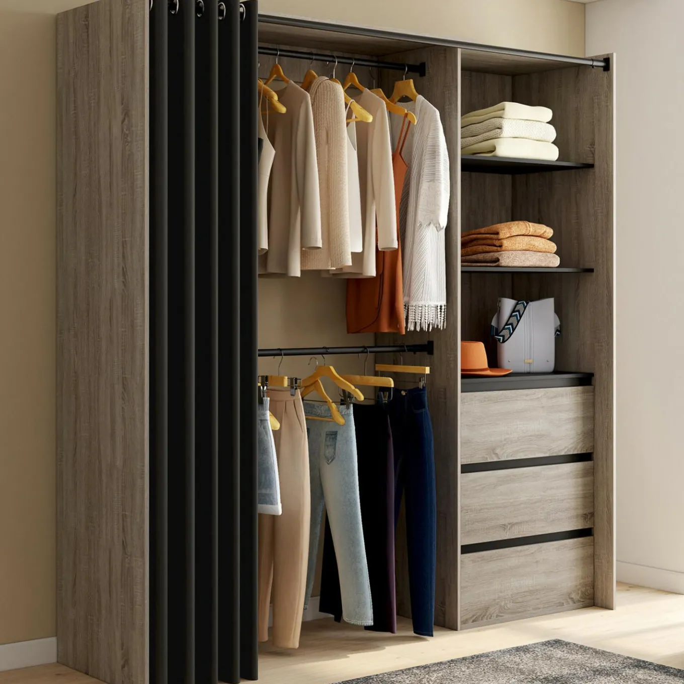 IDMarket Dressing extensible 120/170 x 50 x 180 cm hêtre avec 3 tiroirs + étagères + double penderie + rideau noir* Meubles Hauts|Collection Agencement Magasin