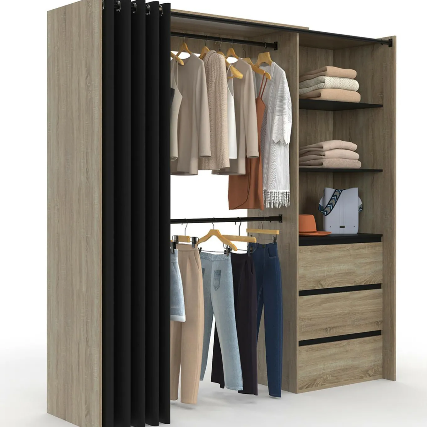 IDMarket Dressing extensible 120/170 x 50 x 180 cm hêtre avec 3 tiroirs + étagères + double penderie + rideau noir* Meubles Hauts|Collection Agencement Magasin