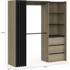 IDMarket Dressing extensible 120/170 x 50 x 180 cm hêtre avec 3 tiroirs + étagères + double penderie + rideau noir* Meubles Hauts|Collection Agencement Magasin