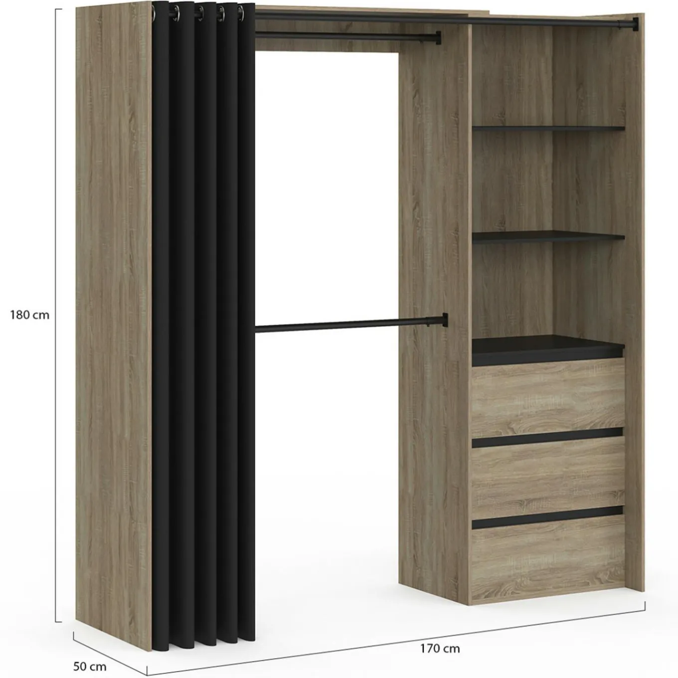 IDMarket Dressing extensible 120/170 x 50 x 180 cm hêtre avec 3 tiroirs + étagères + double penderie + rideau noir* Meubles Hauts|Collection Agencement Magasin