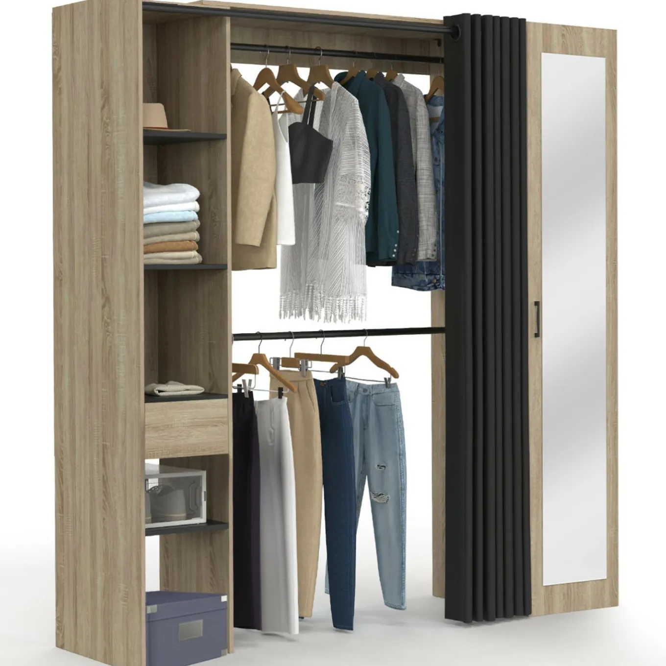 IDMarket Dressing extensible avec double penderie et rideau noir* Collection Design|Collection Contemporaine