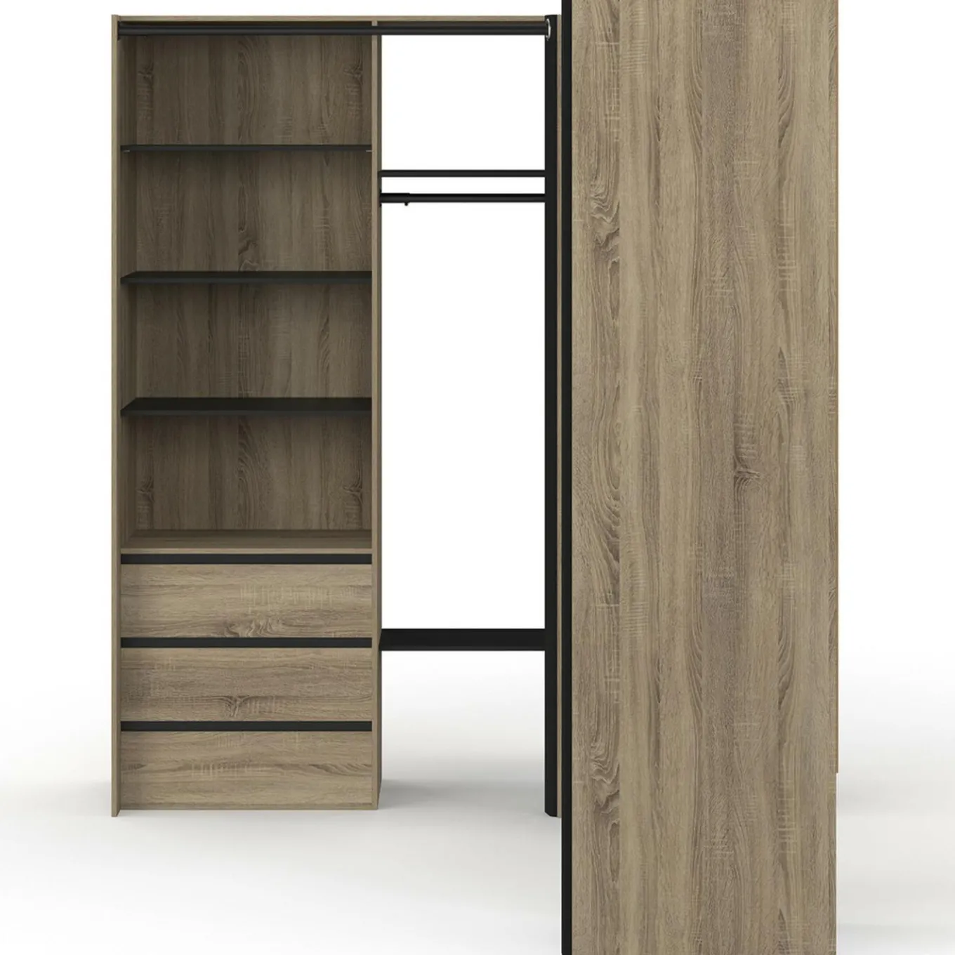 IDMarket Dressing extensible d'angle 200 x 150 x 180 cm hêtre avec penderies + tiroirs + étagères + rideaux noirs* Dressings Et Portants Vêtements|Chambre Complète Adulte