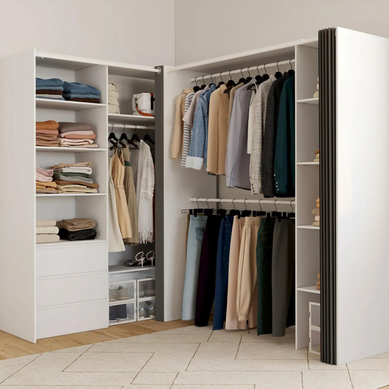 IDMarket Dressing extensible d'angle 200 x 150 x 180 cm blanc avec penderies + tiroirs + étagères + rideaux gris* Dressings Et Portants Vêtements|Chambre Complète Adulte