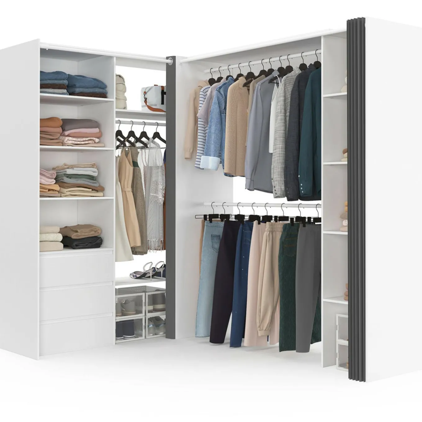 IDMarket Dressing extensible d'angle 200 x 150 x 180 cm blanc avec penderies + tiroirs + étagères + rideaux gris* Dressings Et Portants Vêtements|Chambre Complète Adulte