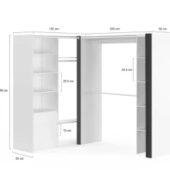 IDMarket Dressing extensible d'angle 200 x 150 x 180 cm blanc avec penderies + tiroirs + étagères + rideaux gris* Dressings Et Portants Vêtements|Chambre Complète Adulte