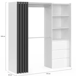 IDMarket Dressing extensible de 120/170 x 50 x 180 cm blanc avec 3 tiroirs, des étagères et 2 penderies* Meubles Hauts|Meubles Blancs