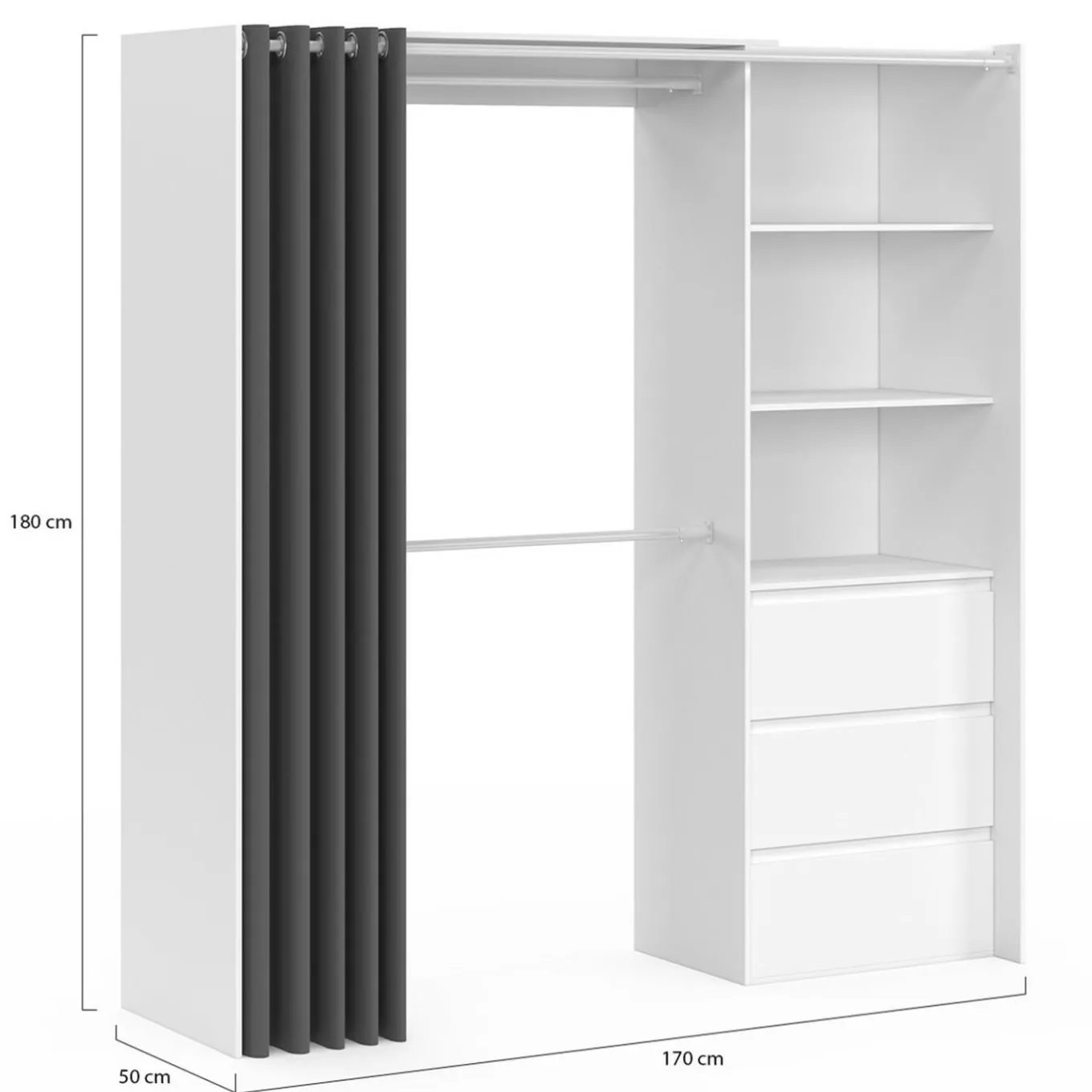 IDMarket Dressing extensible de 120/170 x 50 x 180 cm blanc avec 3 tiroirs, des étagères et 2 penderies* Meubles Hauts|Meubles Blancs