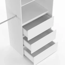 IDMarket Dressing extensible de 120/170 x 50 x 180 cm blanc avec 3 tiroirs, des étagères et 2 penderies* Meubles Hauts|Meubles Blancs