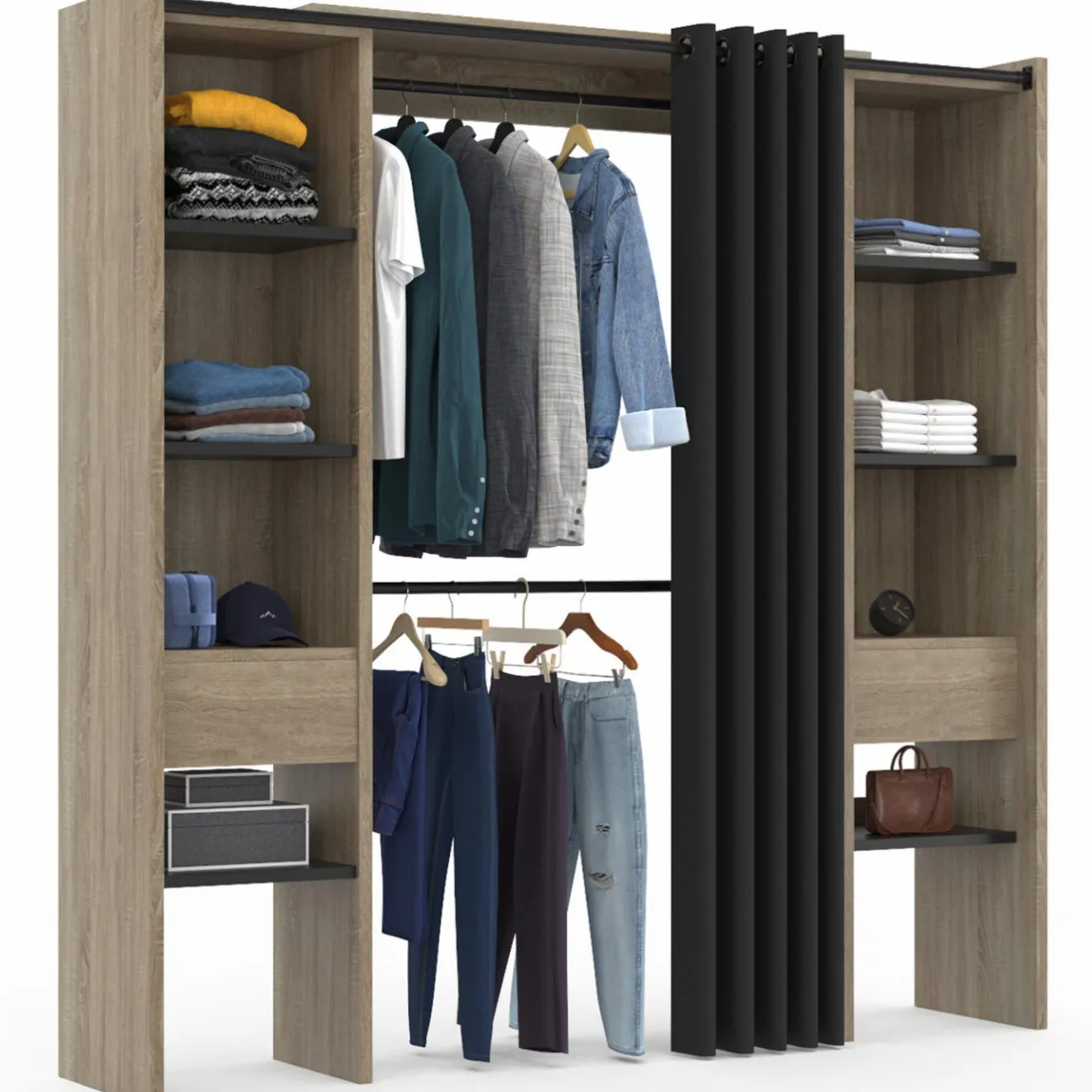 IDMarket Dressing extensible double en bois avec rideau noir* Meubles Hauts|Meubles Noirs