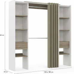 IDMarket Dressing extensible double blanc et bois avec rideau taupe* Collection Design|Collection Contemporaine