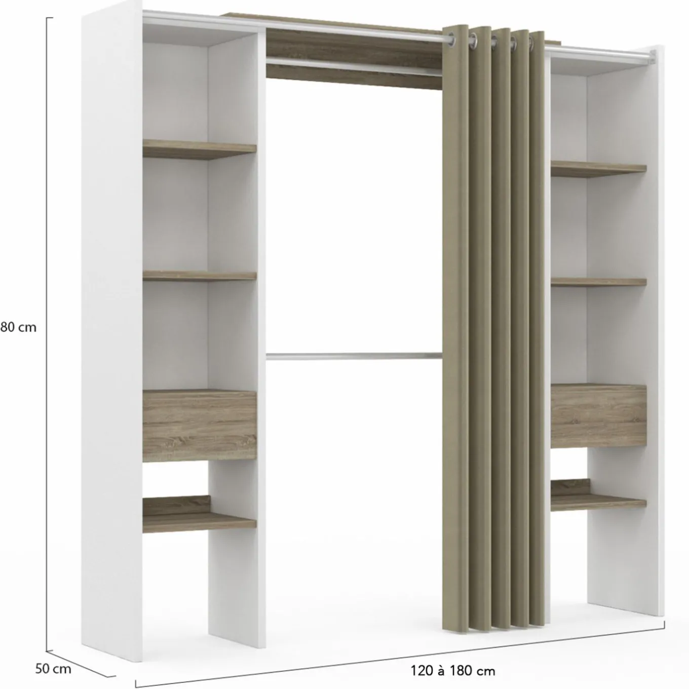 IDMarket Dressing extensible double blanc et bois avec rideau taupe* Collection Design|Collection Contemporaine
