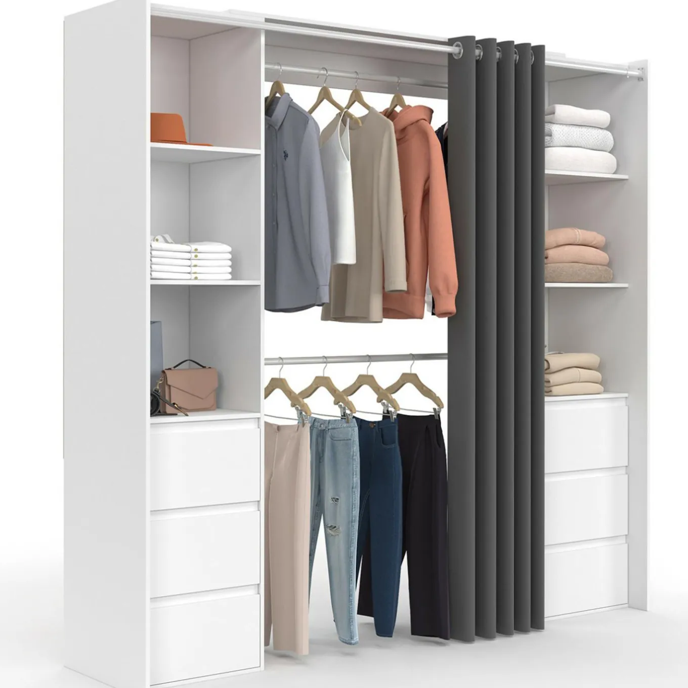 IDMarket Dressing extensible double blanc 120/180 cm 6 tiroirs + étagères + double penderie + rideau gris* Dressings Et Portants Vêtements|Chambre Complète Adulte