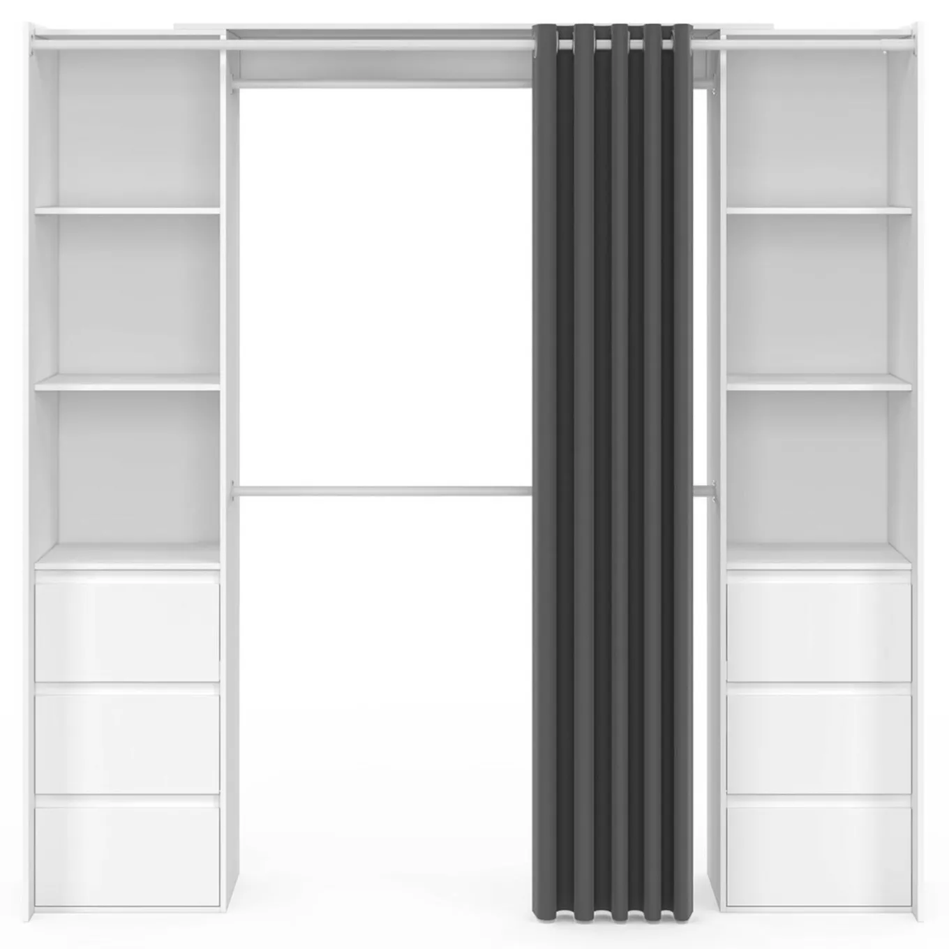 IDMarket Dressing extensible double blanc 120/180 cm 6 tiroirs + étagères + double penderie + rideau gris* Dressings Et Portants Vêtements|Chambre Complète Adulte
