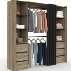 IDMarket Dressing extensible double effet hêtre 120/180 cm 6 tiroirs + étagères + double penderie + rideau noir* Dressings Et Portants Vêtements|Chambre Complète Adulte