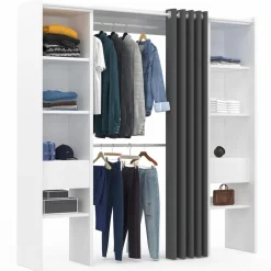 IDMarket Dressing extensible double blanc avec rideau gris* Meubles Hauts|Meubles Blancs