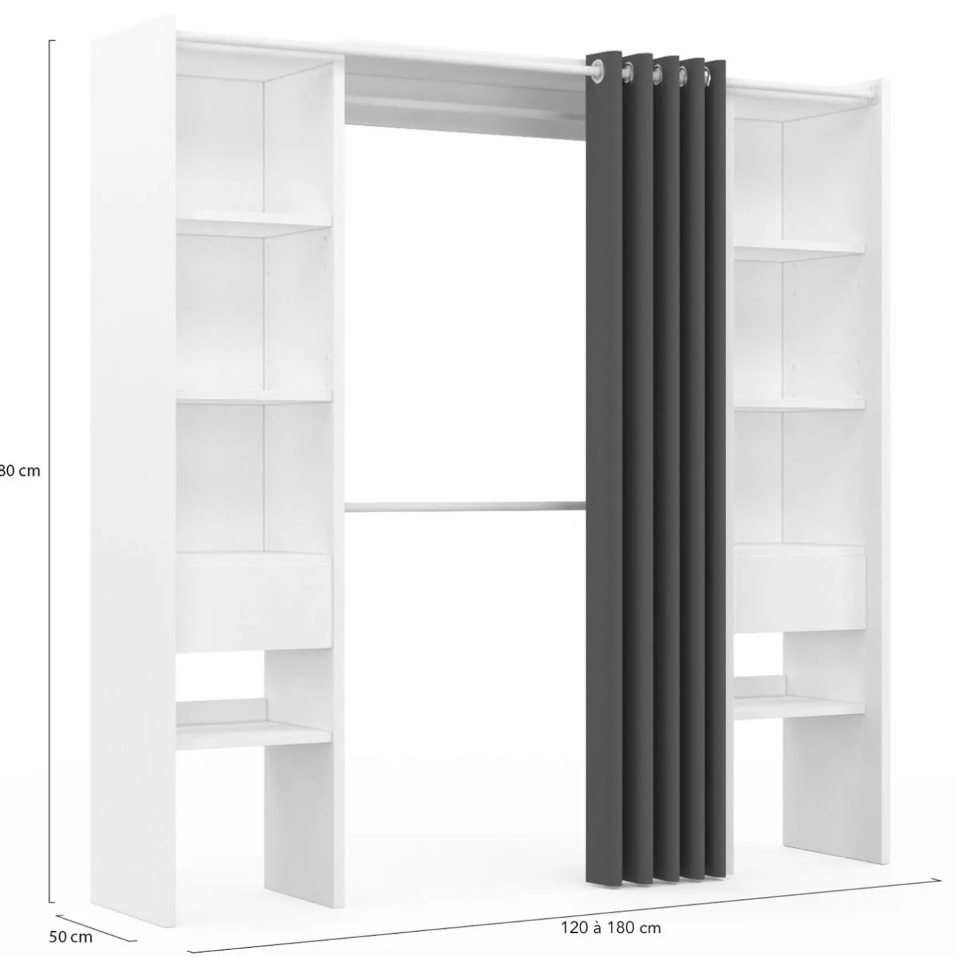 IDMarket Dressing extensible double blanc avec rideau gris* Meubles Hauts|Meubles Blancs