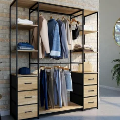 IDMarket Dressing industriel double penderie bois et noir avec étagères et bacs* Dressings Et Portants Vêtements