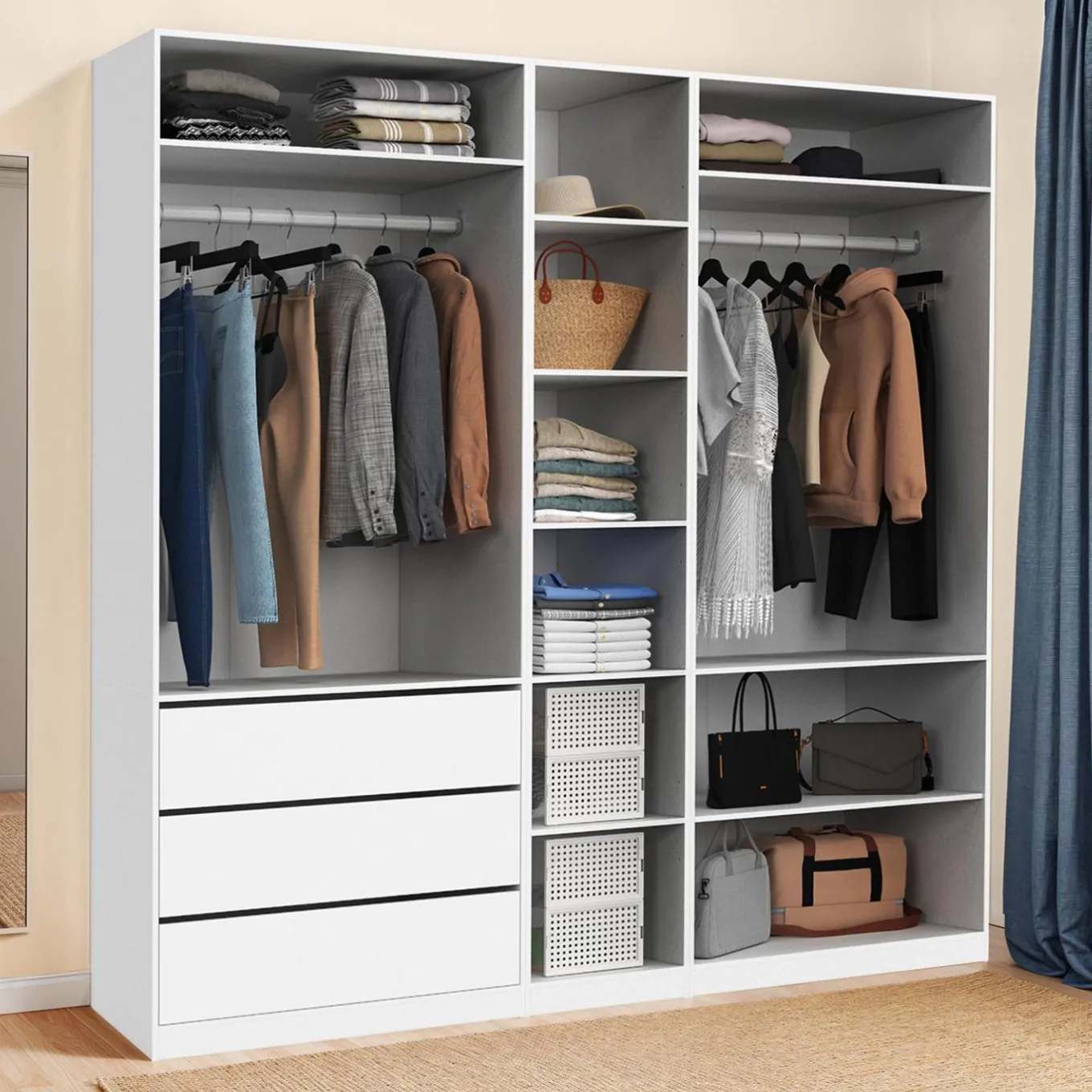 IDMarket Dressing modulable blanc avec 2 penderies, 10 étagères et 3 tiroirs* Dressings Et Portants Vêtements