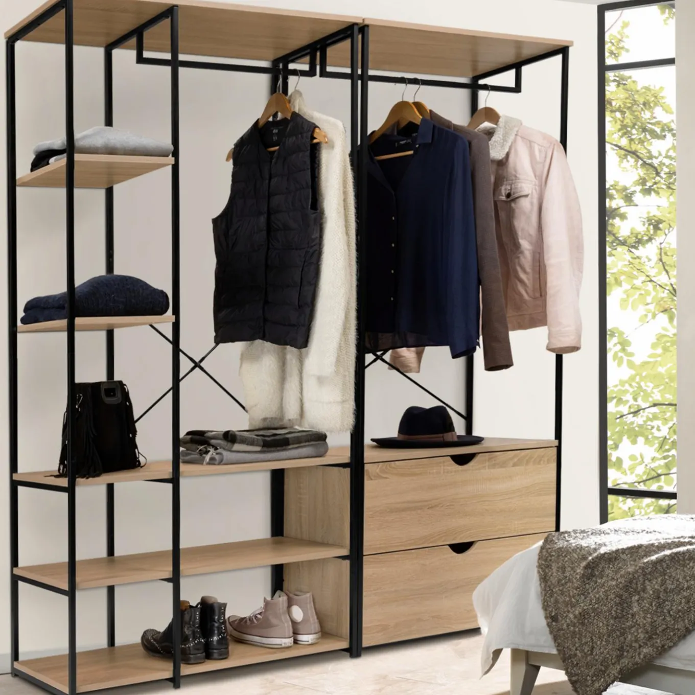 IDMarket Dressing modulable industriel double penderie 2 tiroirs* Meubles Tiroirs|Meubles En Bois