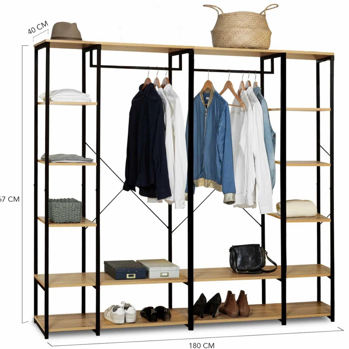 IDMarket Dressing ouvert industriel 167 cm double penderie* Collection Industrielle|Chambre Complète Adulte